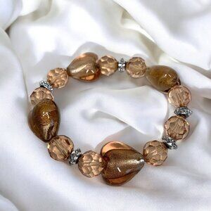 Dichroic Art Glass Bracelet Heart Motif Pale Amber Brown Silver Stretch To Fit